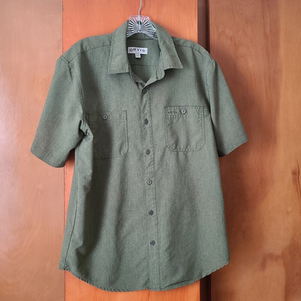 Mens Orvis SS Button-up Green Shirt Medium Outdoors Gorpcore